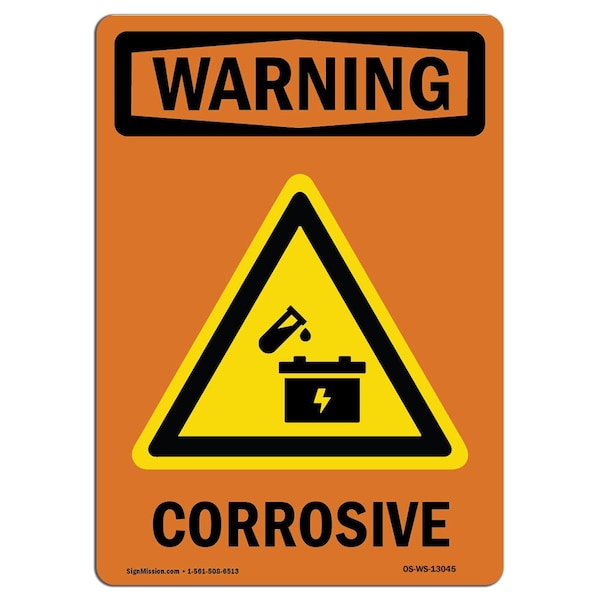 Safety Sign, OSHA WARNING, 5" Height, Corrosive, Portrait, 10PK